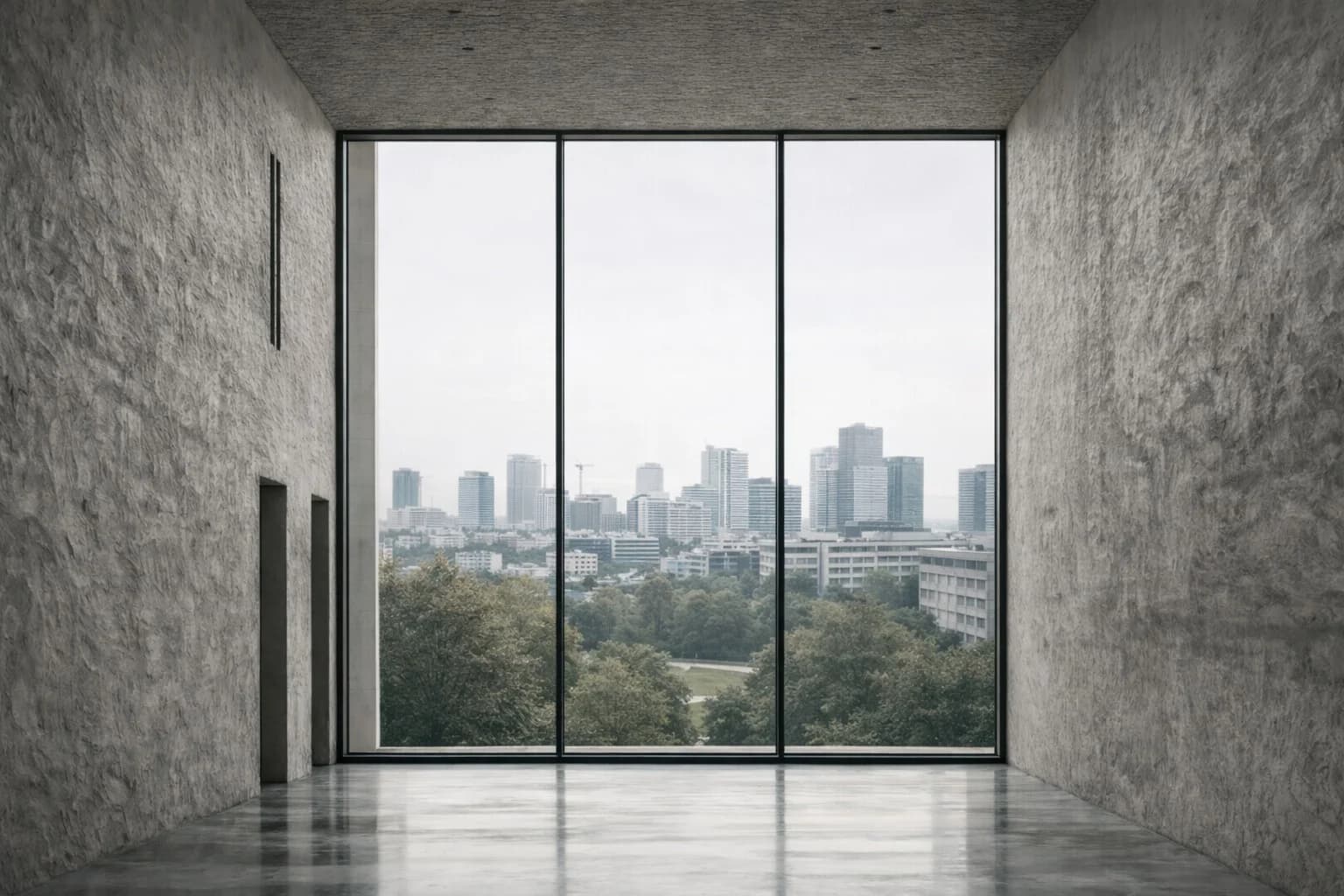 Heller Besprechungsbereich mit großer Fensterfront und Stadtblick